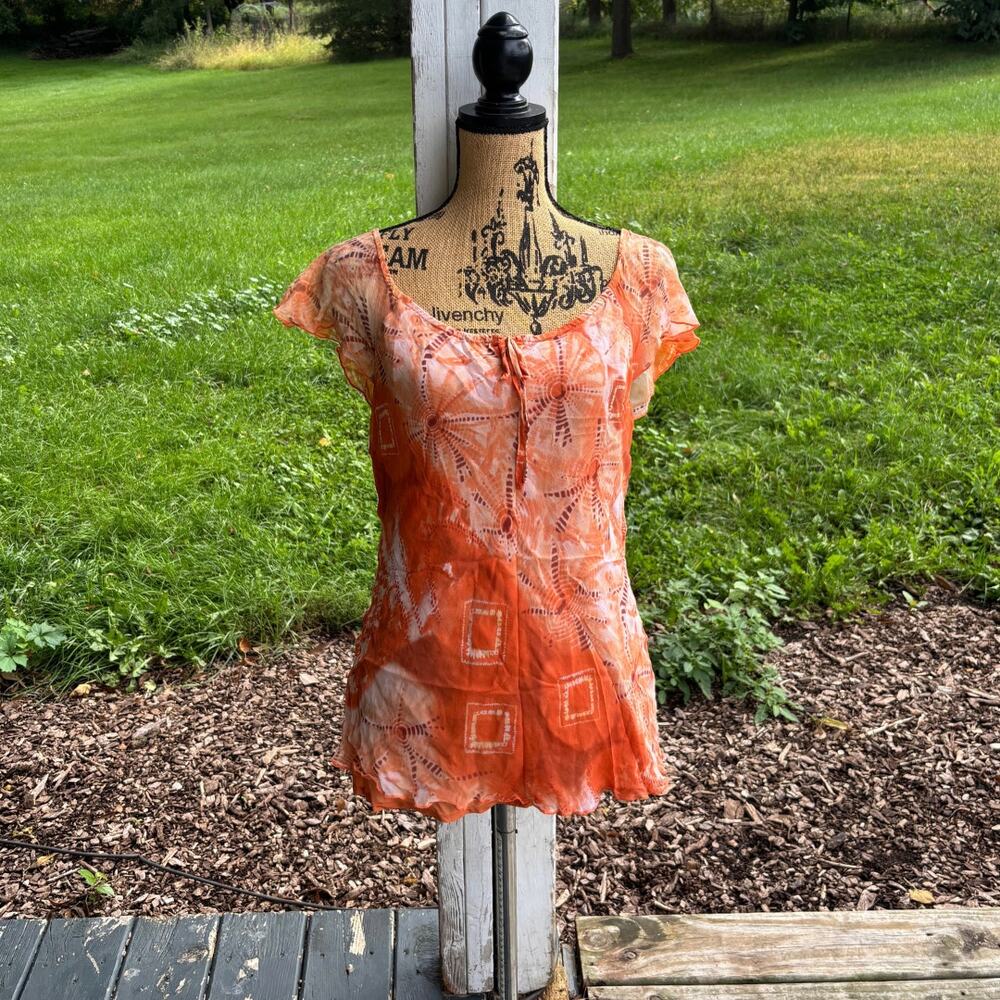 Vintage 90s New York City Design Co Orange Tie Dye Silk Blouse Top Size Medium